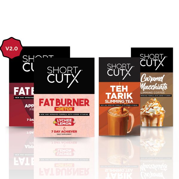 v2.0 Bundle of 4 : 1x Apple Cider Fat Burner + 1 x Lychee Lemon Fat Burner + 1 x Caramel Machiatto Slimming Coffee + 1x Teh Tarik Slimming Tea